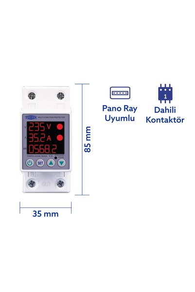 TOMZN Gerilim ve Akım Koruma Rölesi Yüksek Düşük Voltaj Akım Koruyucu 63A Enerji Ölçerli