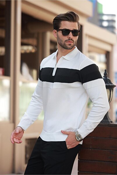 Madmext Λευκό μακρυμάνικο πουλόβερ με ριγέ λαιμόκοψη με φερμουάρ E7288