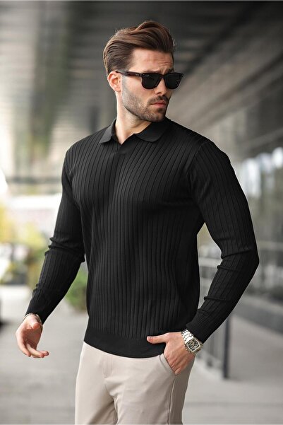 Madmext Polo Neck Striped Black Sweater - Long Sleeve 7239