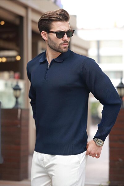 Madmext Чоловічий светр з коміром-поло, синій - на блискавці, з довгими рукавами 7240
