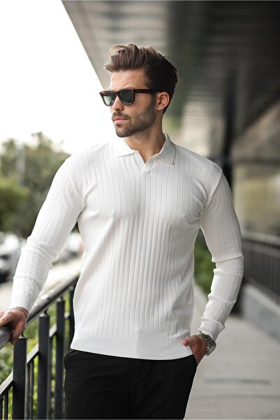 Madmext Μακρυμάνικο πουλόβερ με ριγέ πόλο λαιμόκοψη 7239