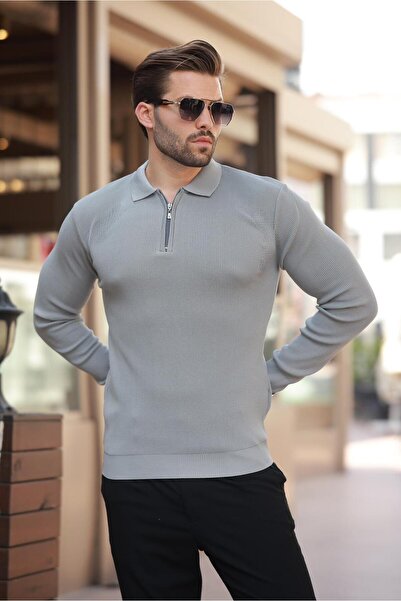 Madmext Polo Neck Zippered Gray Men's Sweater - Long Sleeve 7240