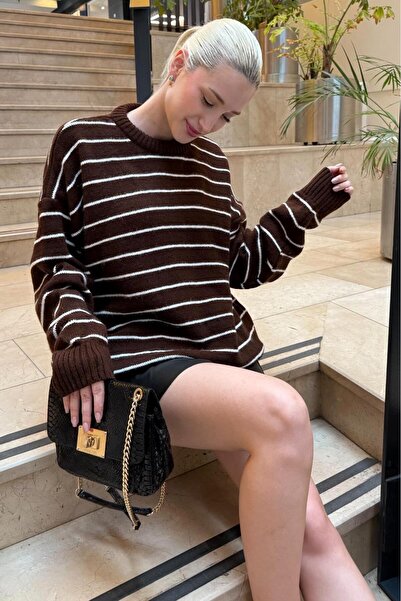 Madmext Γυναικείο πλεκτό πουλόβερ καφέ ριγέ MG1262