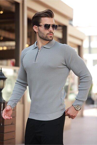 Madmext Polo Neck Zippered Gray Men's Sweater - Long Sleeve 7240