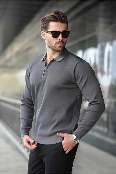 Madmext Anthracite Polo Collar Zippered Long Sleeve Men's Sweater 7240