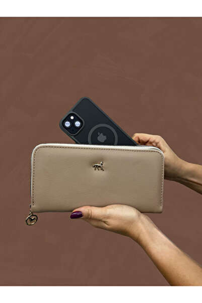 shiny ever Δερμάτινη γυναικεία τσάντα πορτοφόλι μεγάλου μεγέθους με θήκη τηλεφώνου, κρεμ χρώματος με χρυσή λεπτομέρεια