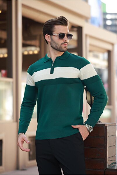 Madmext Πράσινο μακρυμάνικο πουλόβερ με ριγέ γιακά πόλο με φερμουάρ E7288