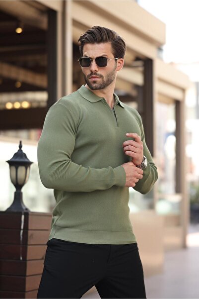 Madmext Ανδρικό πουλόβερ με μακρυμάνικο χακί λαιμόκοψη 7240