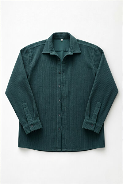 A&O Style Ανδρικό πουκάμισο με μακρυμάνικο βελούδο πράσινο βενζίνη oversized