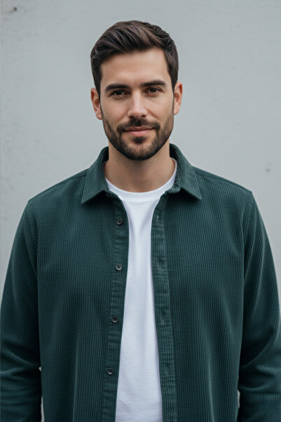 A&O Style Ανδρικό πουκάμισο με μακρυμάνικο βελούδο πράσινο βενζίνη oversized