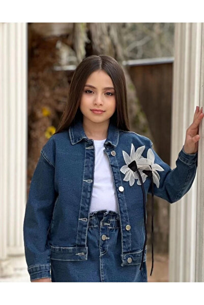DUDOR KİDS سترة جينز ثلاثية الأبعاد للفتيات مع إكسسوارات زهور