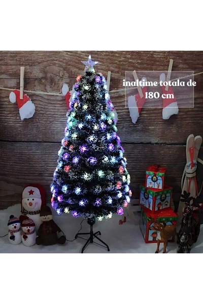 HYT Brad artificial de Craciun cu fibra optica, Cu lumini, Coroana bogata, Inaltime 180cm