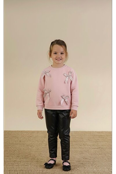 Çıtır Betüş Kids Girl's Leather Leggings with Bow Detail 2-Piece Set