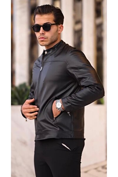 PRİFALDİ Black Slim Fit Leather Men's Jacket - with Inner Pocket