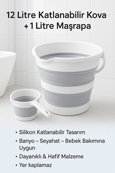 Sepetkitchen Gri Katlanır Su Kovası Ve Maşrapa