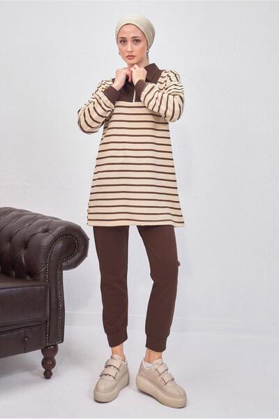 TRENDTESETTÜR WOMEN'S COFFEE STRIPED PANT SUIT T 8643