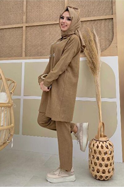 TRENDTESETTÜR Women's Brown Stone-Detail Buttoned Double Pants Suit t 4048