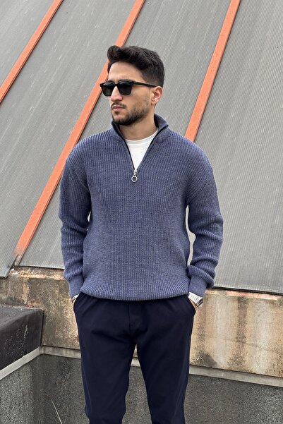 inpool Bărbați, cu jumătate de fermoar, guler înalt, iarnă, tricotat, Old Money Culture, pulover PLTK06