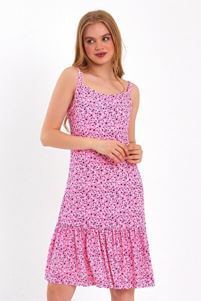 ESPİNA Wrapped Mini Strap Dress with Pink Skirt and Flounce