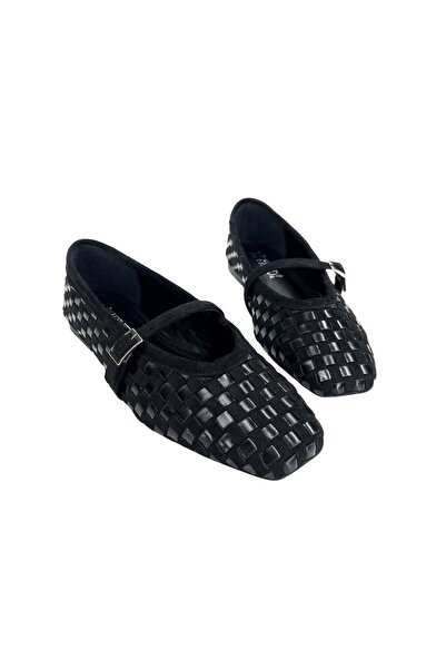 livendi LİSBON Kadın Siyah Kare Burun Örgü Görünümlü Tokalı Mary Jane Babet D...