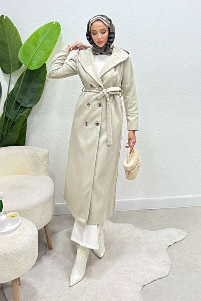 Tesettür Diyarı Arden Kapüşonlu Kuşaklı Tesettür Kaban- Bej