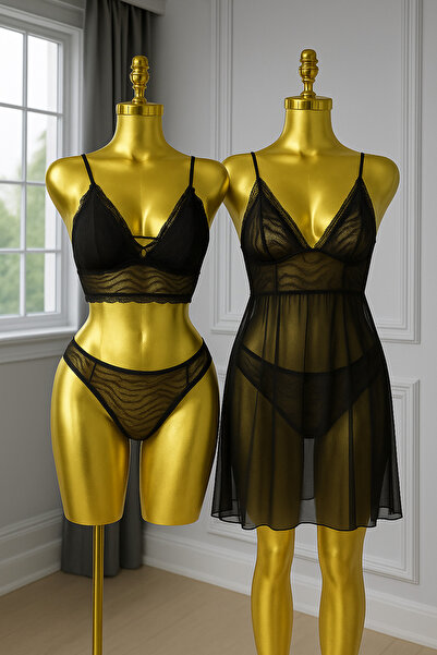 LİBELLA İÇ GİYİM Kadın Siyah Desenli Balensiz Şık Fantezi 3'lüİ Bralet Geceli...