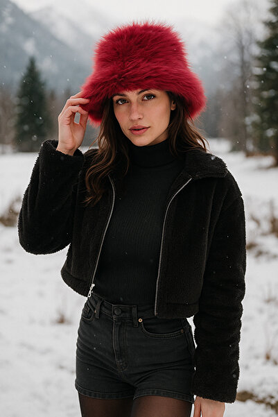 Luminos Butik Plush Adjustable Burgundy Bucket Kalpak Hat-Beret Spk1142