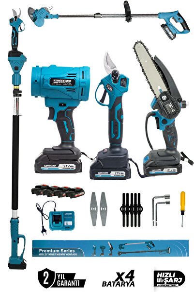 KİMMEER PLUS Profesyonel 5'Li Set Şarjlı Makas Testere Çim Biçme Ve Yaprak Üf...