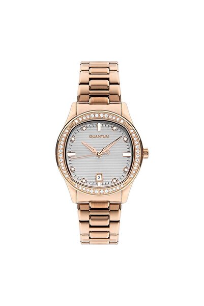 Quantum Stone Detailed Checkered Gold Color Women's Wrist Watch with Bracelet Gift