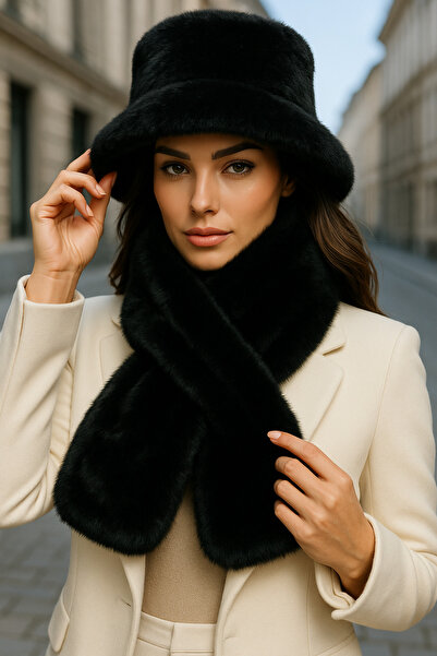 Luminos Butik Set de pălărie și eșarfă din pluș negru importat - Set de accesorii de iarnă premium, moale și calde01-1