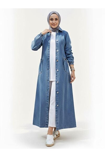 Hb Harma Time Butik Kadın Düğmeli Cepli Kar Yıkamalı Denim Mavi Kot Kap