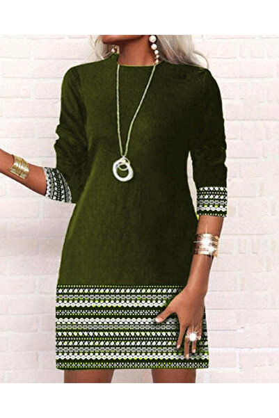 JANES Γυναικείο μακρυμάνικο φόρεμα με λαιμόκοψη και στρίφωμα με στάμπα με δύο κλωστές