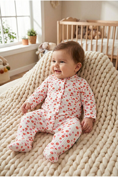 Noone Beyaz Daisy Desenli Bebek Tulum - Uzun Kollu Ayaklı Yumuşak Penye Kumaş