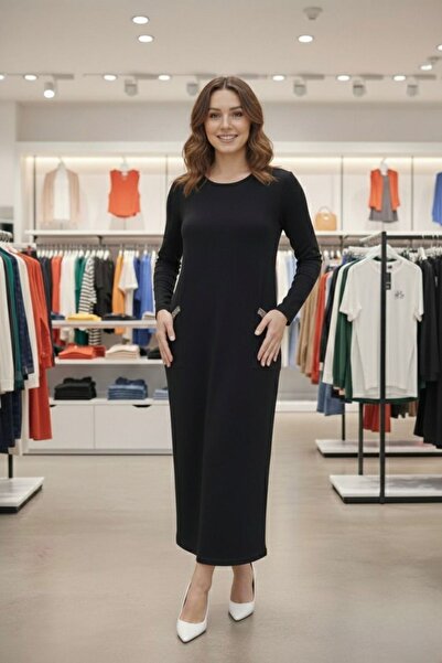 segiza Stretch Fabric Long Sleeve Crew Neck Viscose Dress