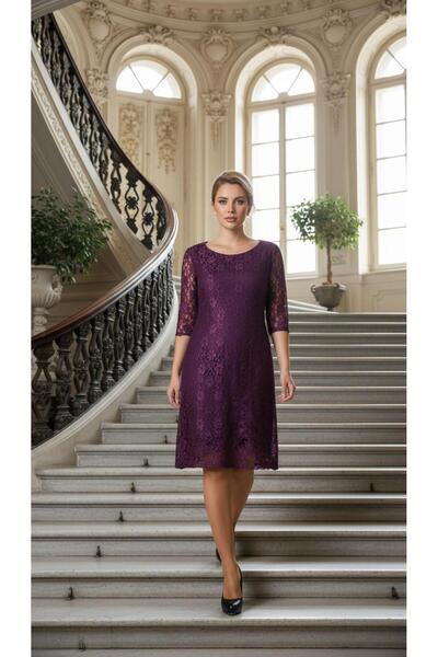 Nidya Moda Büyük Beden Mürdüm Dantel Abiye Elbise-4009dbm