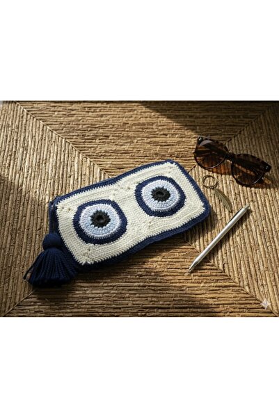 Afilli Μπλε Λευκό Χρώμα Evil Eye Beaded Embossed Flower Design Φερμουάρ Πλεκτό Χειροποίητο Πορτοφόλι Τηλεφωνική Θήκη