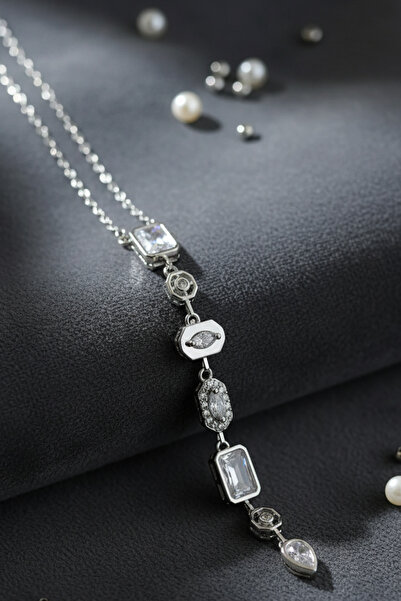 Birmem Kadın Beyaz Zirkon Taşlı Geometrik Tasarım Çelik Y Kolye