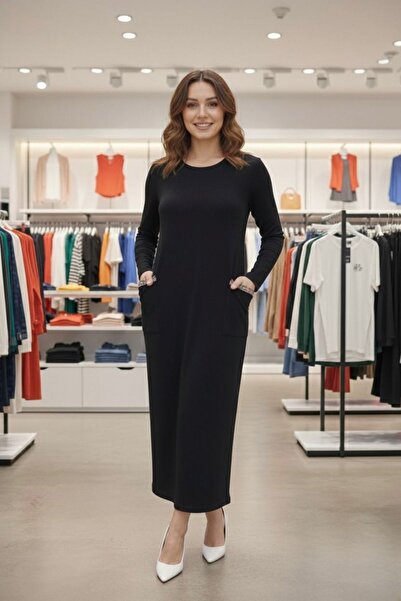 segiza Stretch Fabric Long Sleeve Crew Neck Viscose Dress