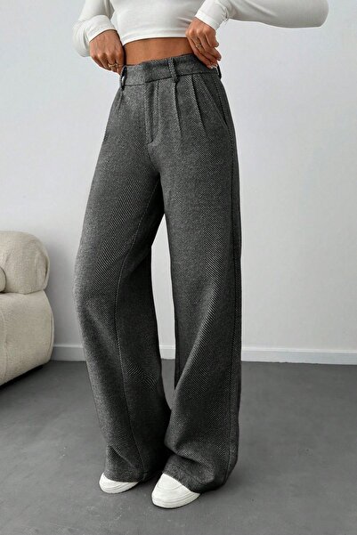 Ronasia Kadın Yüksek Bel Geniş Paça Palazzo Balık Sırtı Pantolon – Bej