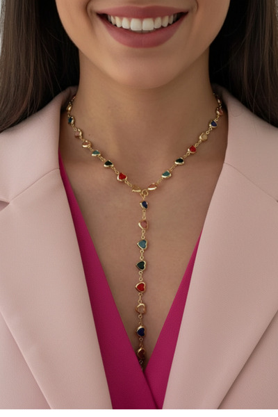 Birmem Kadın Çok Renkli Minimalist Kristal Kalp Altın Kaplama Y Kolye