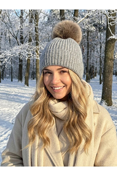 OnMyHead Γκρι πλεκτό καπέλο με πλέγμα και πομπόν