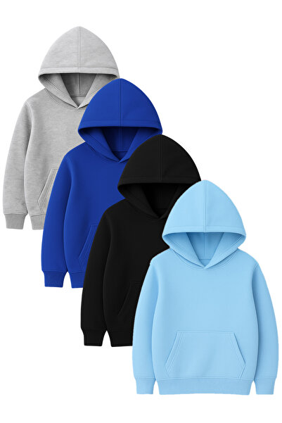 DUBU BUTİK 4'lü Kapüşonlu Basic Sweatshirt Seti - Düz Kışlık Şardonlu Kumaş