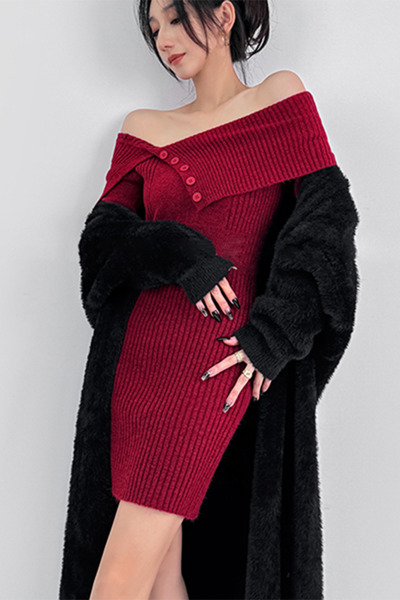 dorbe stylish off-shoulder ribbed knit bodycon mini dress