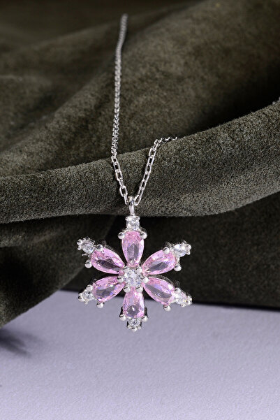 innuendo jewelery Pembe Zirkon Taşlı Lotus Çiçeği 925 Ayar Gümüş Kadın Kolye