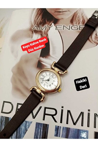 QUARTZ Vintage Minimal Koyu Kahve HAKİKİ DERİ Kordon Kadın Kol Saati Retro Mo...
