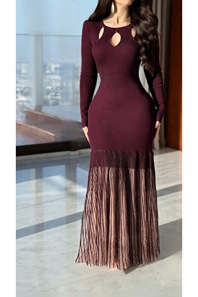 Opera Fashion فستان شتوي طويل عنابي بتفاصيل شفافة ناعمة