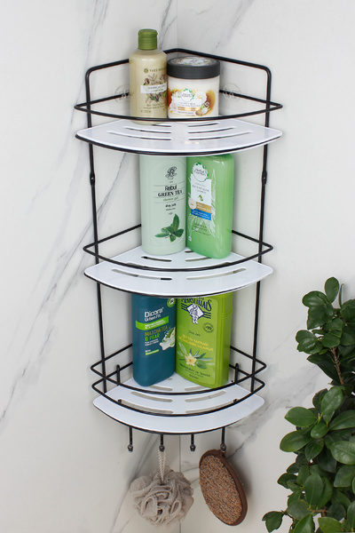 HIMYHOME حامل شامبو أسود من الفولاذ المقاوم للصدأ مع رف كريستالي وشريط لاصق، ...