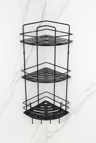 HIMYHOME رف شامبو أسود ثلاثي الأسلاك مع رف كريستالي وحامل من الفولاذ المقاوم للصدأ، رف حمام لاصق للزاوية