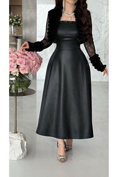 Opera Fashion فستان أسود لامع بكرستالات وجاكيت دانتيل وفرو ناعم