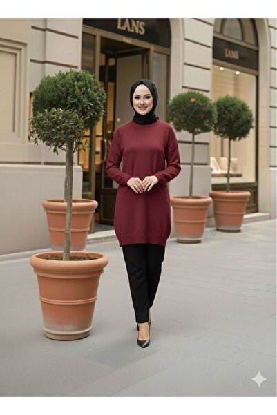 Gioni Dark Burgundy Crew Neck Mercerized Casual Knitwear Tunic